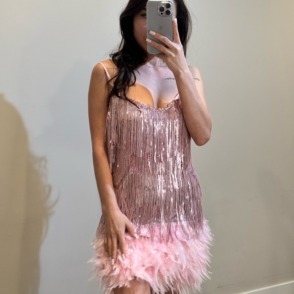 Chic Pink Fringe and Feather Dress